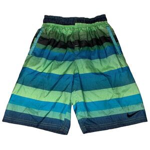 Nike Big Boy’s Swim Trunks Green and Blue Stripe